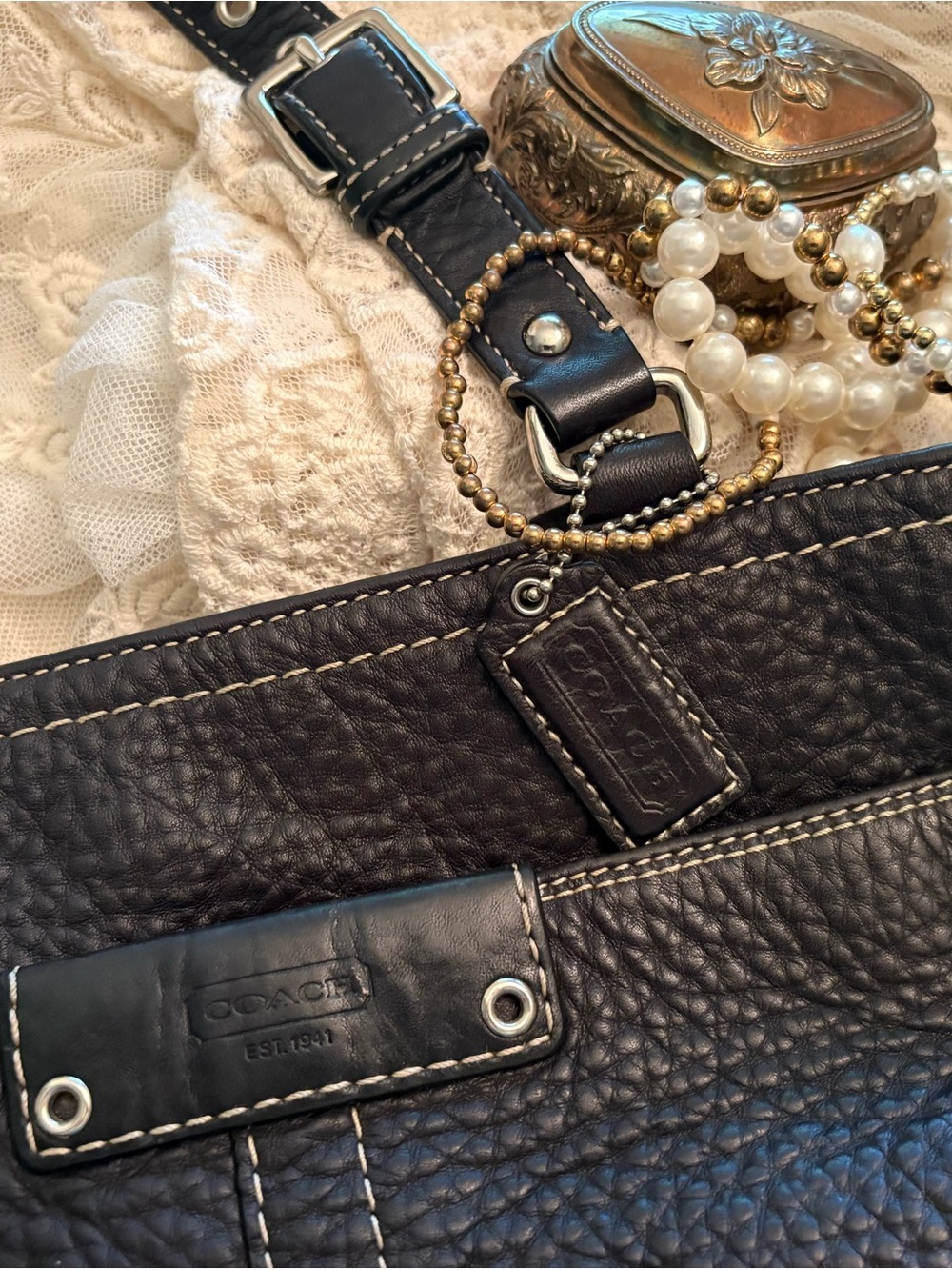 Coach Black Leather Shoulder Tote with Contrast Stitching - Picture 5 of 11